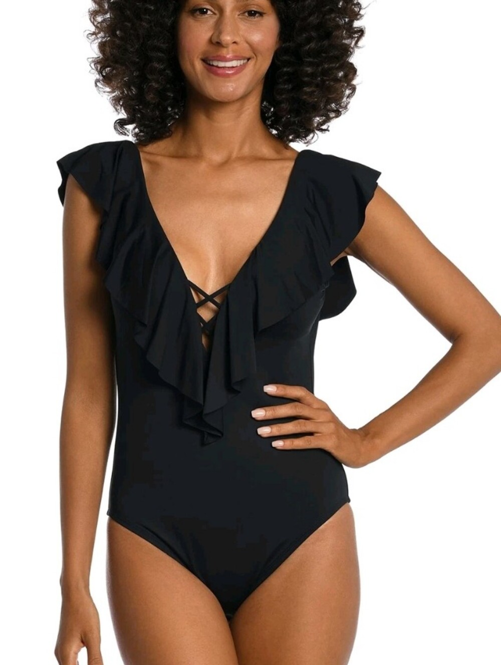 La Blanca Women's Island Goddess Shoulder Ruffle Plunge One Piece, Black, 4 NWT